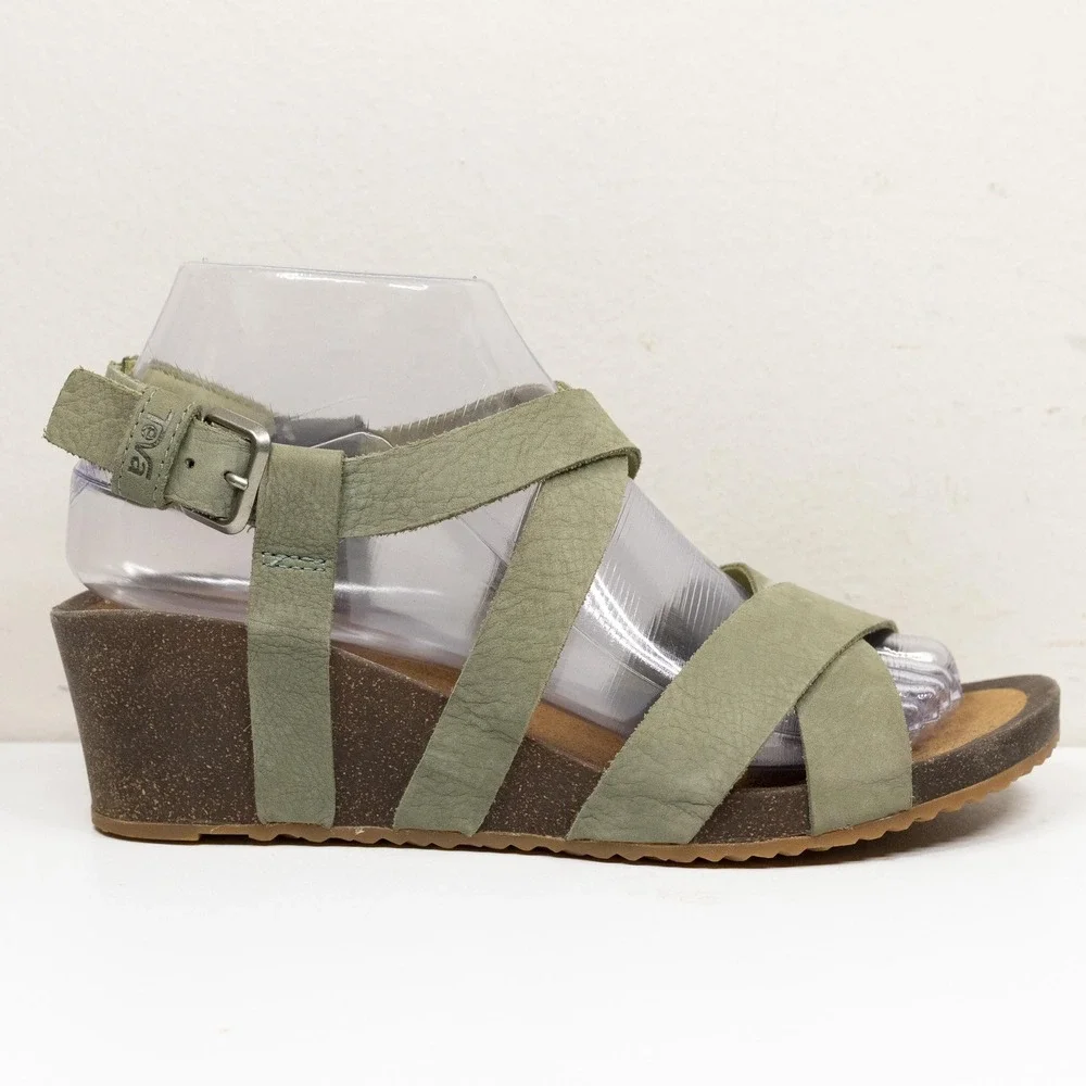 TEVA Mahonia Cross Strap Cork Wedge Leather Sandals Olive Green Sz 7.5